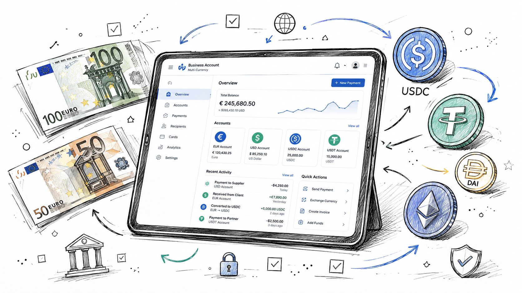 A digital tablet displaying a multi-currency business account dashboard, surrounded by various international banknotes and digital cryptocurrency symbols.