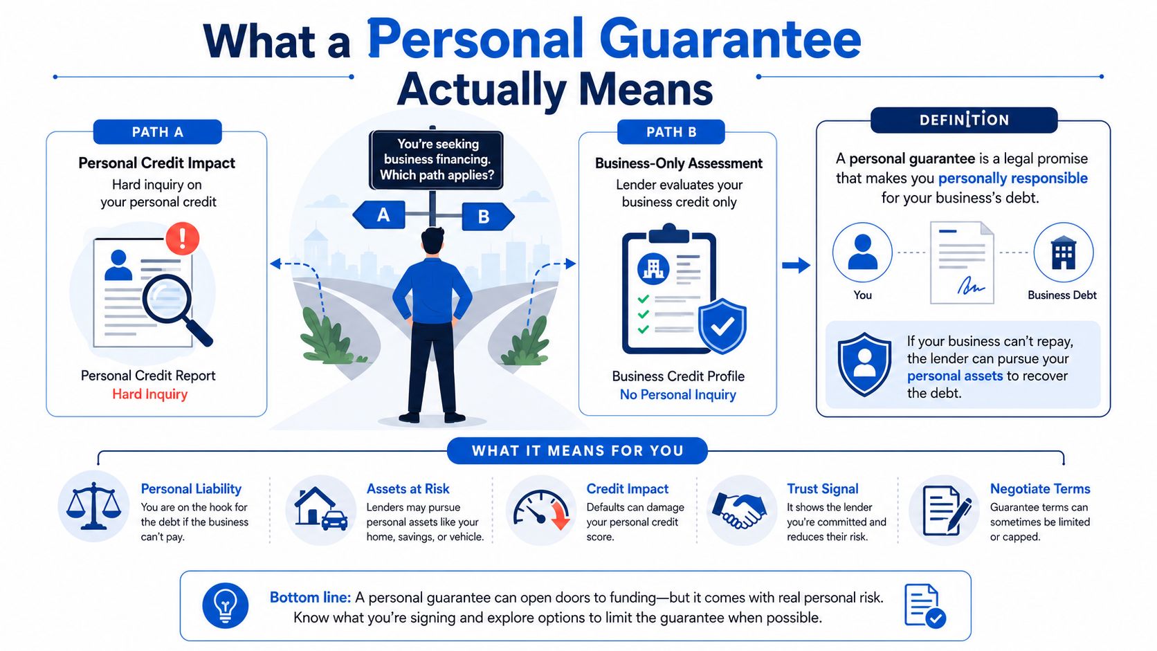 An infographic explaining the risks and implications of a personal guarantee when seeking business financing.