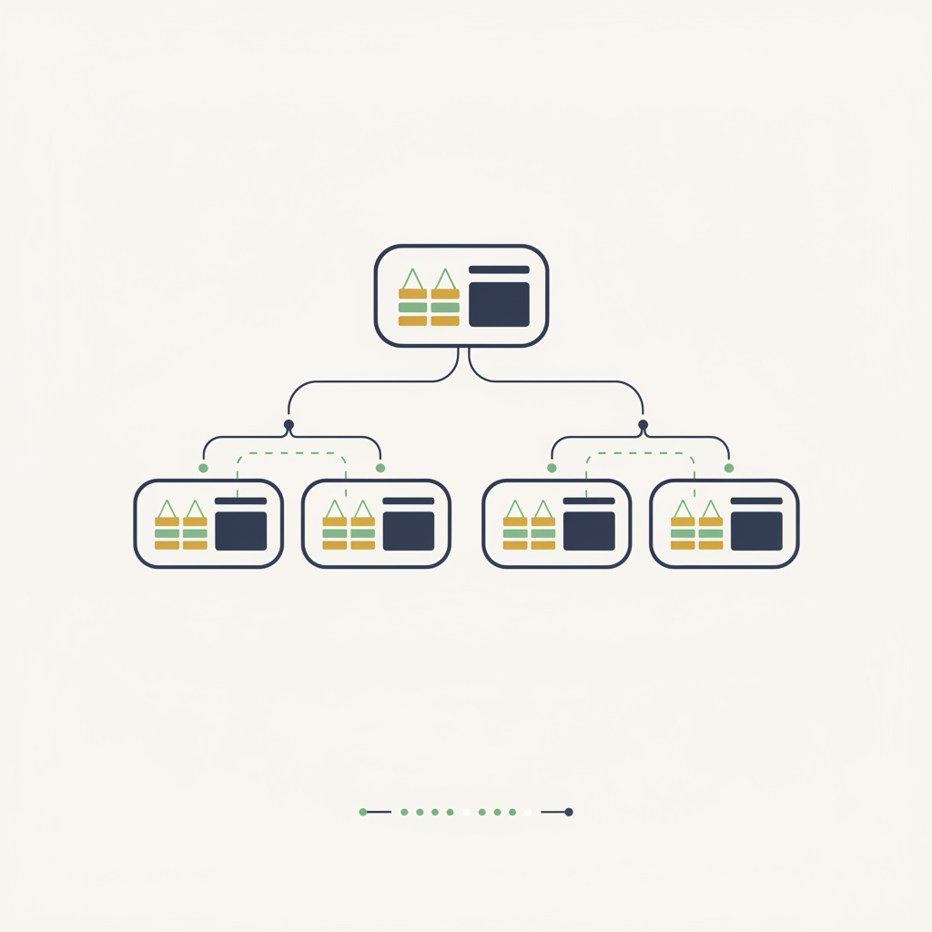 Editorial illustration of a branching account structure across entities and currencies, illustrating a phased rollout framework