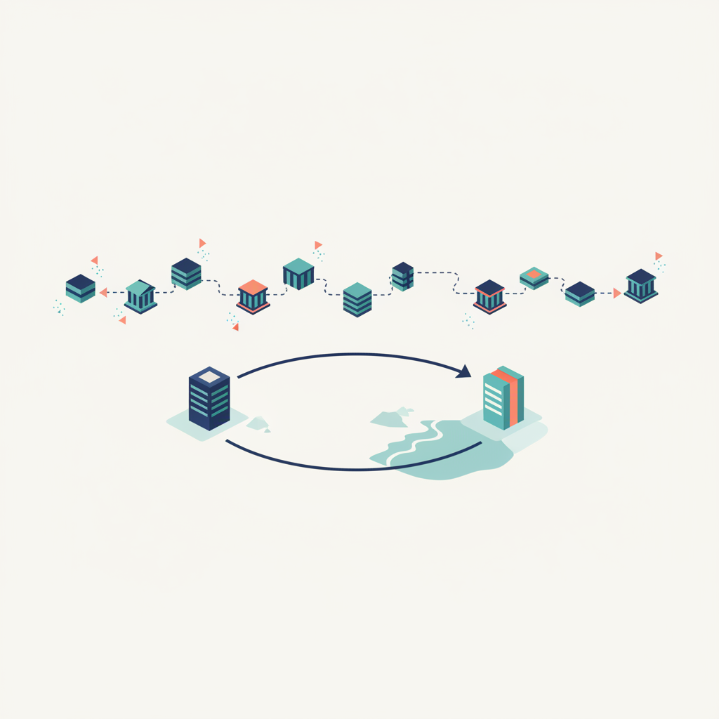 Illustration contrasting a long correspondent banking chain with a short direct local payment rail for cross-border transfers