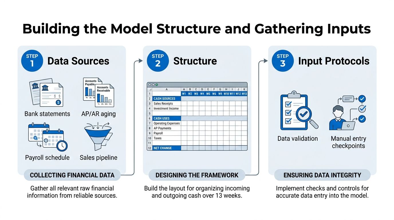 A diagram illustrating the three steps of building a 13-week cash flow model: data sources, structure, and input protocols.