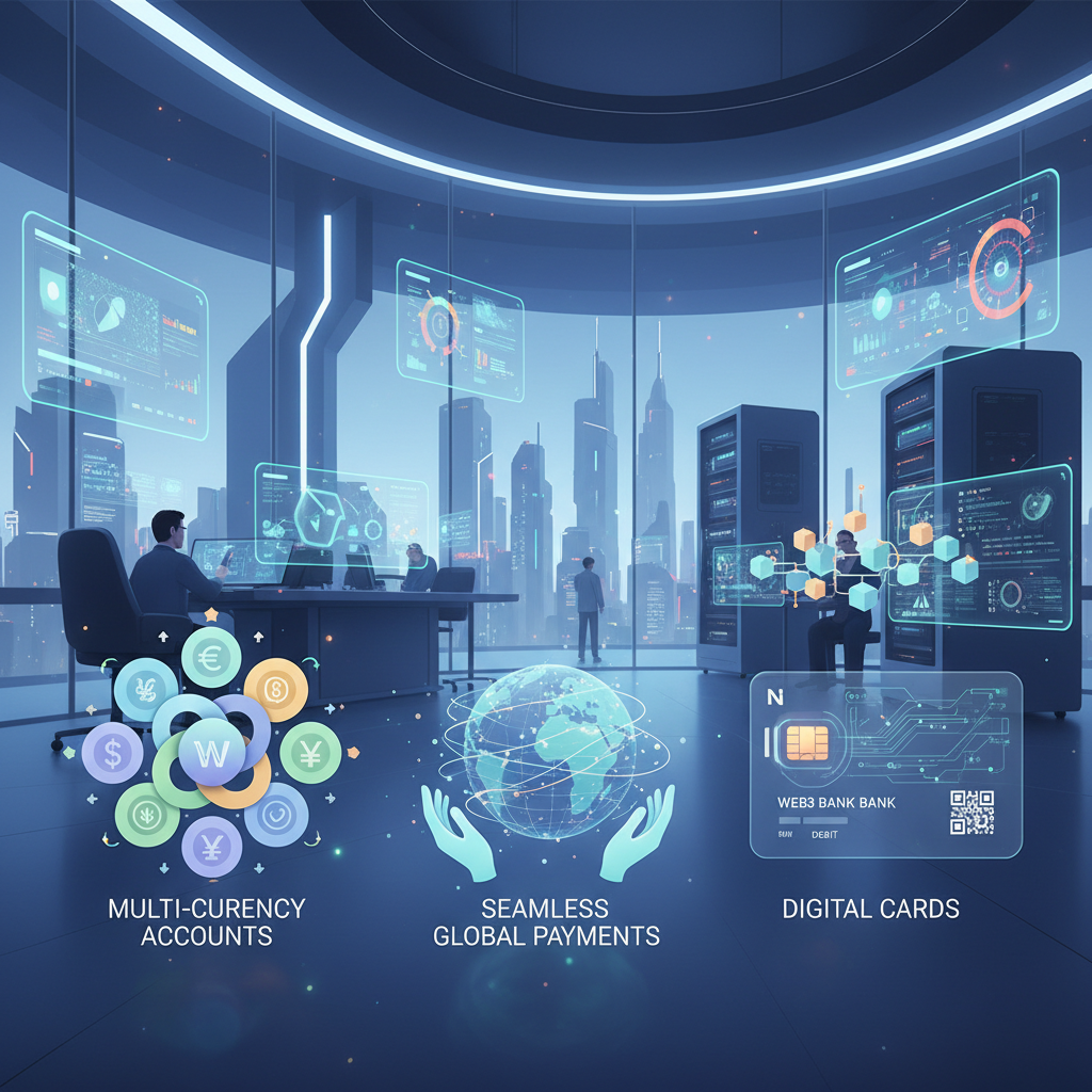 An illustration highlighting key features of neo-banking for Web3 in a modern banking environment.
