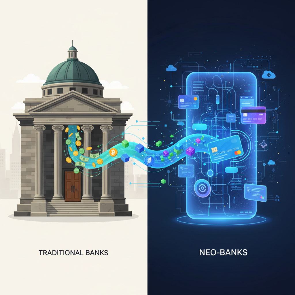 A modern illustration contrasting traditional banking with neo-banking in the context of Web3.