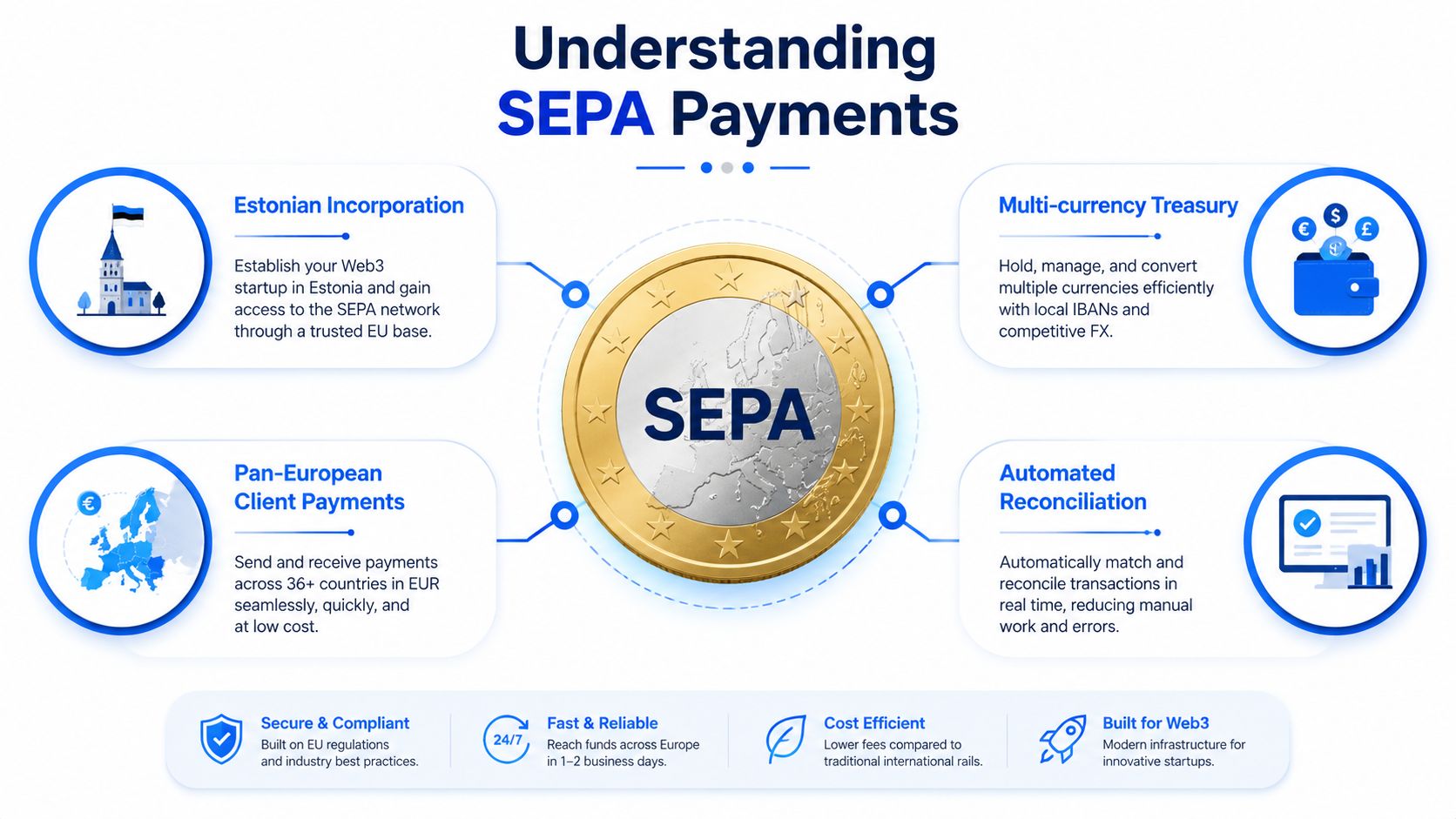 An infographic titled Understanding SEPA Payments, showcasing key benefits for startups like Estonian incorporation and automated reconciliation.