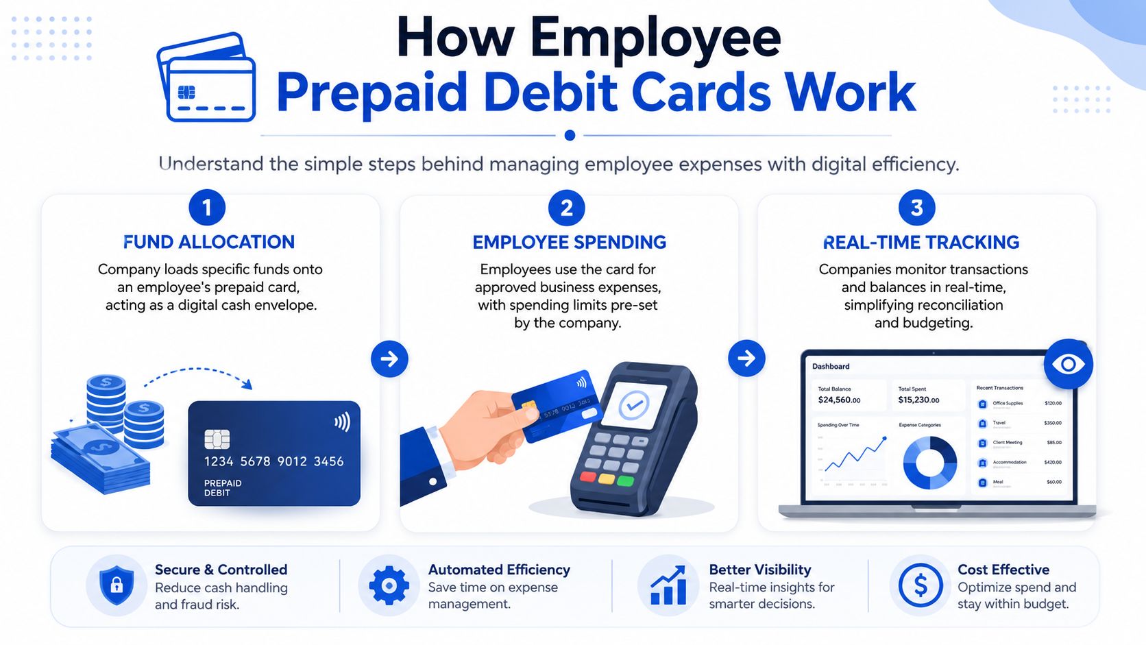 A visual guide explaining the three-step process of using employee prepaid debit cards for business expenses.