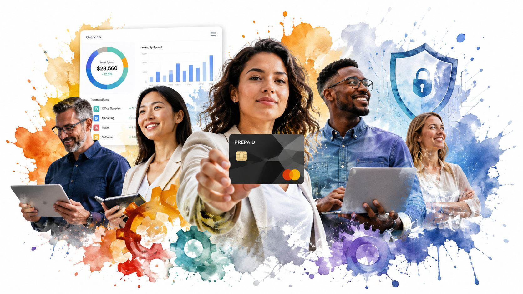 A diverse team of professionals holding a prepaid debit card with digital data visualization and security elements.