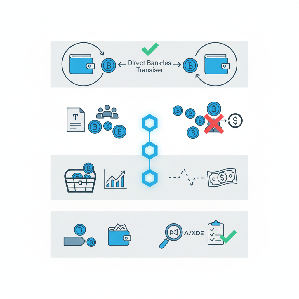 An infographic decision framework showing four conditions for bankless Web3 payments: all payees accept crypto, no fiat obligations, sufficient treasury without conversion, and self-managed compliance, represented by icons and checkmarks.