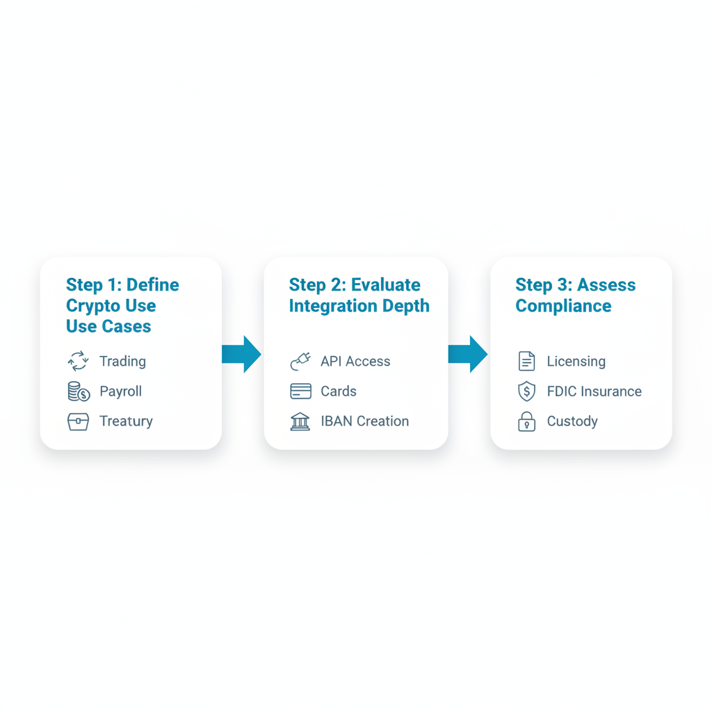 Explainer diagram showing a three-step decision framework for choosing a crypto-friendly bank: Define Crypto Use Cases (Trading, Payroll, Treasury), Evaluate Integration Depth (API Access, Cards, IBAN Creation), Assess Compliance (Licensing, FDIC Insurance, Custody).