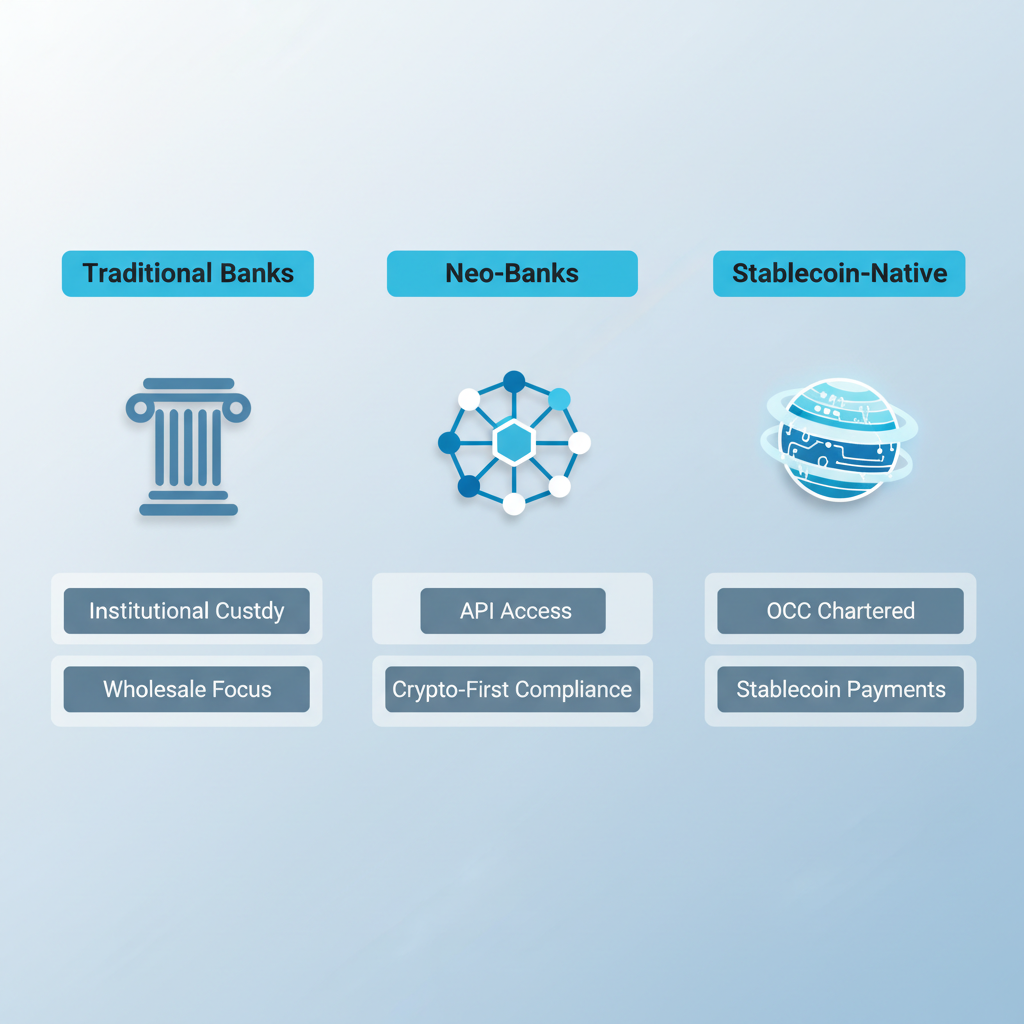 Infographic comparing three categories of crypto-friendly banks: Traditional Banks with institutional custody, Neo-Banks with API access and multi-currency, and Stablecoin-Native banks with OCC charters and stablecoin payments.
