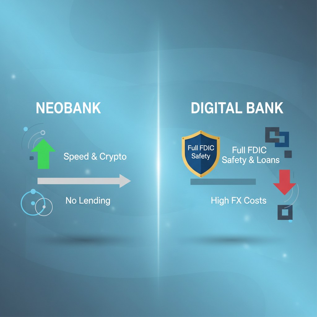 A split diagram contrasting the advantages and trade-offs of a neobank versus a licensed digital bank.