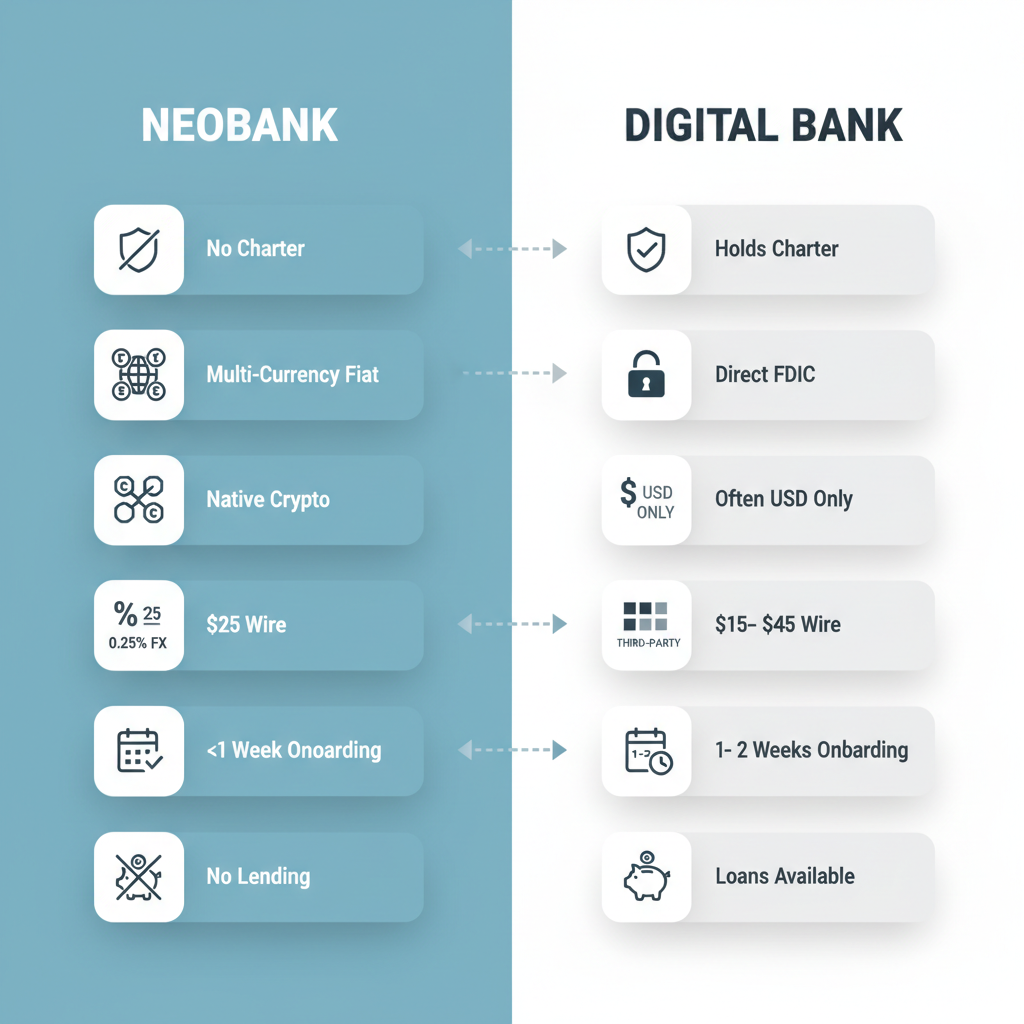 A side-by-side comparison infographic detailing the feature differences between a neobank and a licensed digital bank, covering licenses, fees, and crypto support.