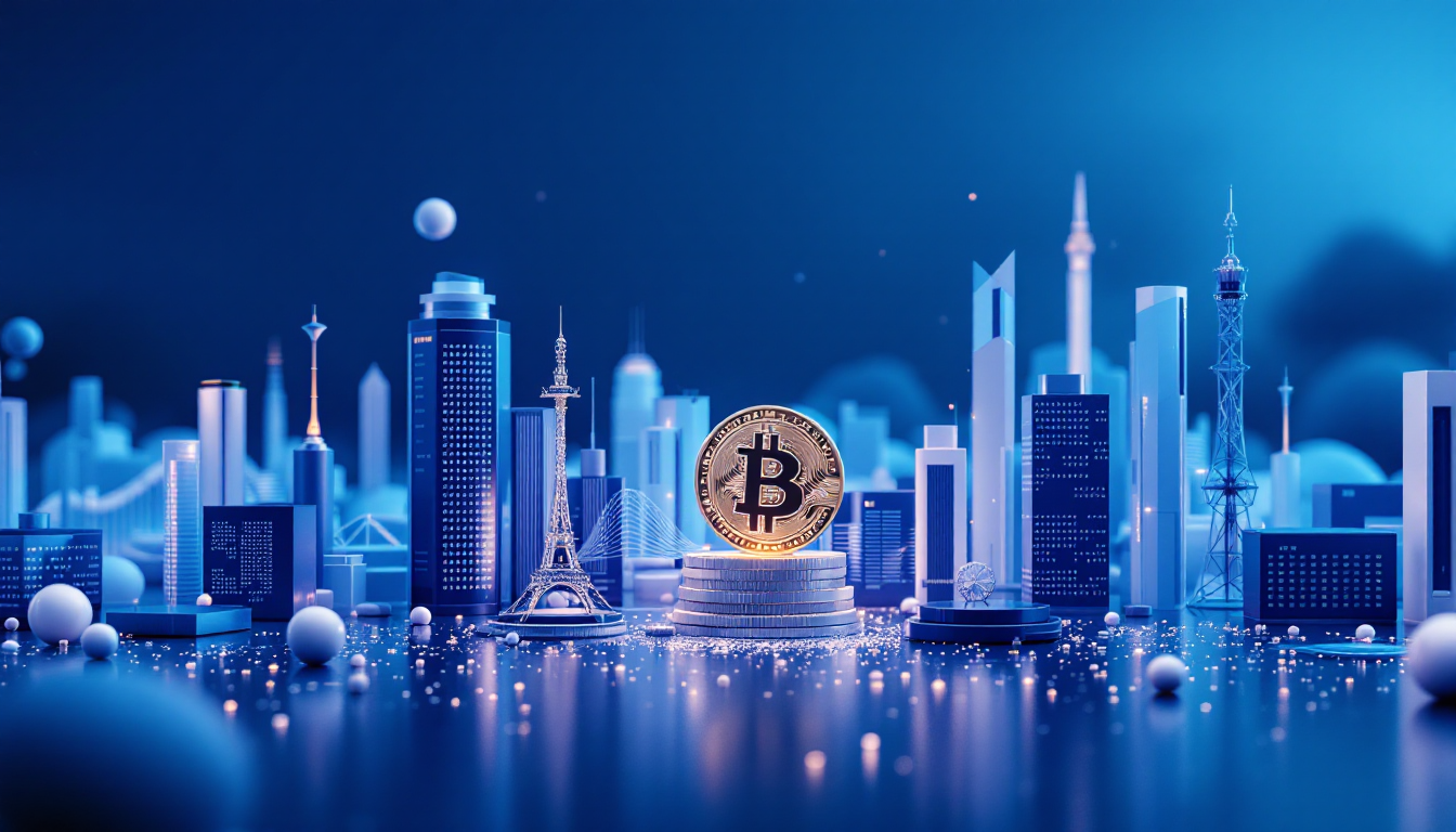 3D illustration of Strive's Bitcoin strategy in a futuristic urban setting with smooth textures.