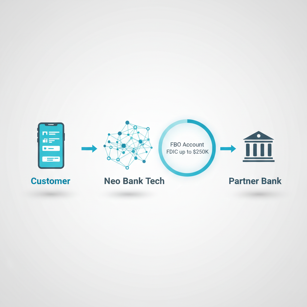 A step-by-step diagram showing the customer, neo bank technology, and partner bank relationship with FBO account and FDIC coverage, explaining how a neo bank works.