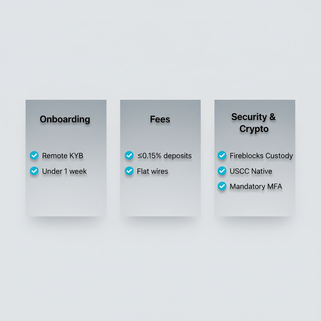 A three-column checklist infographic comparing onboarding, fees, and security criteria for choosing a business neo bank.