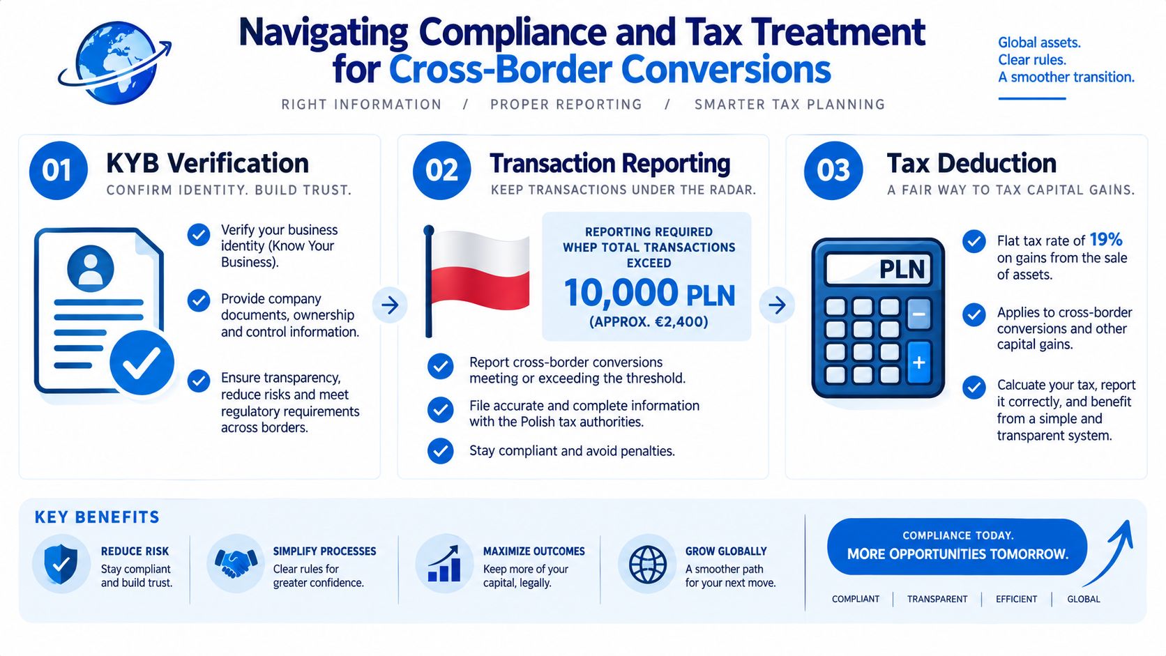 An infographic detailing compliance, transaction reporting, and tax deduction processes for cross-border financial conversions in Poland.