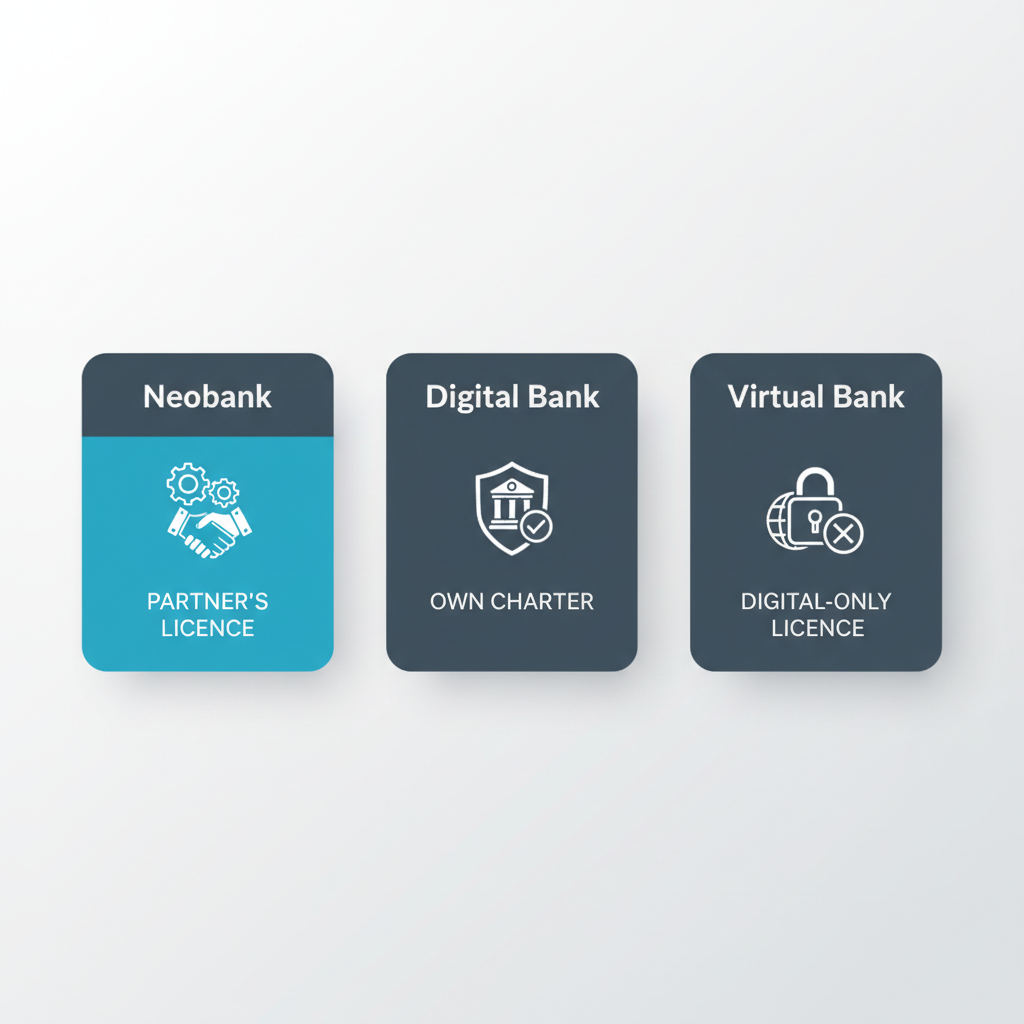 A three-column diagram clarifying the difference between neobanks, digital banks, and virtual banks, using a partner's licence, own charter, and digital-only licence as key differentiators.