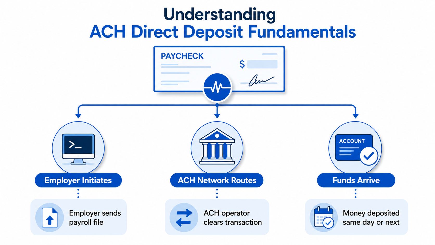 An infographic illustrating the three steps of the ACH direct deposit process from employer to employee.