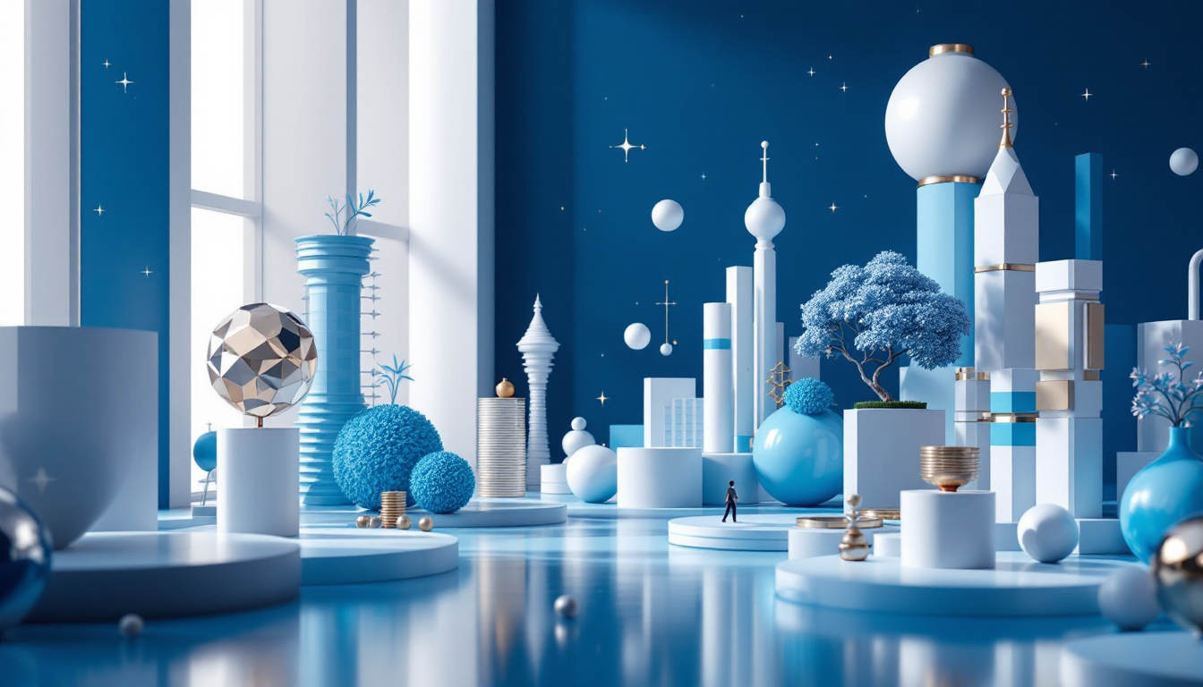 A 3D illustration depicting Ethereum's staking ratio at 34.4% with a calm urban skyline background.