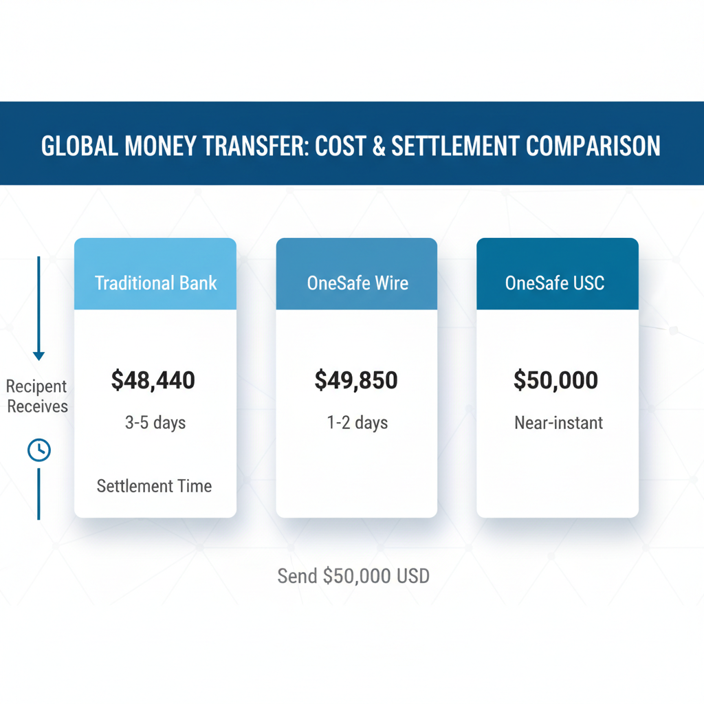 Three-column infographic comparing recipient amounts and settlement times for Traditional Bank, OneSafe wire, and OneSafe USDC transfers, highlighting cost and speed advantages.