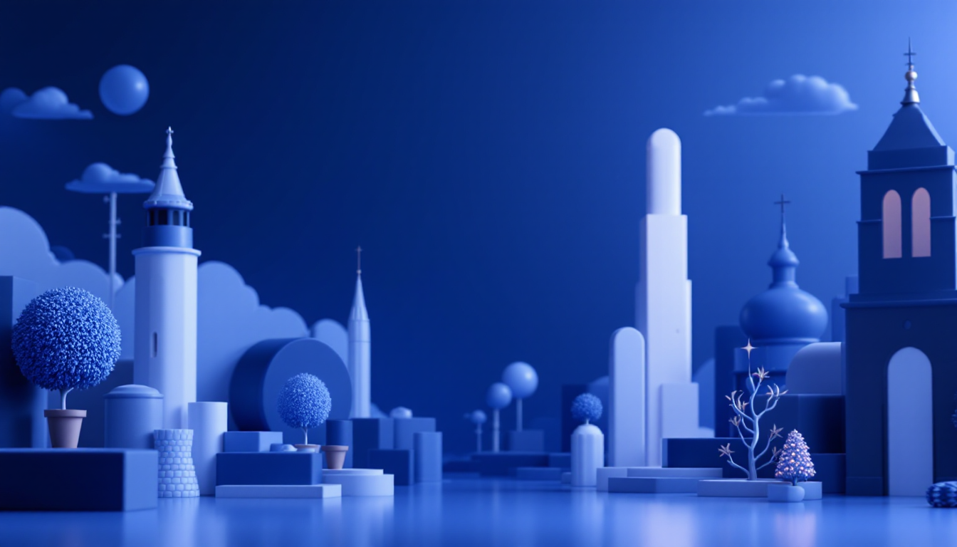 3D illustration of a calm crypto investment scene, featuring blue and white gradient, sleek skyline.