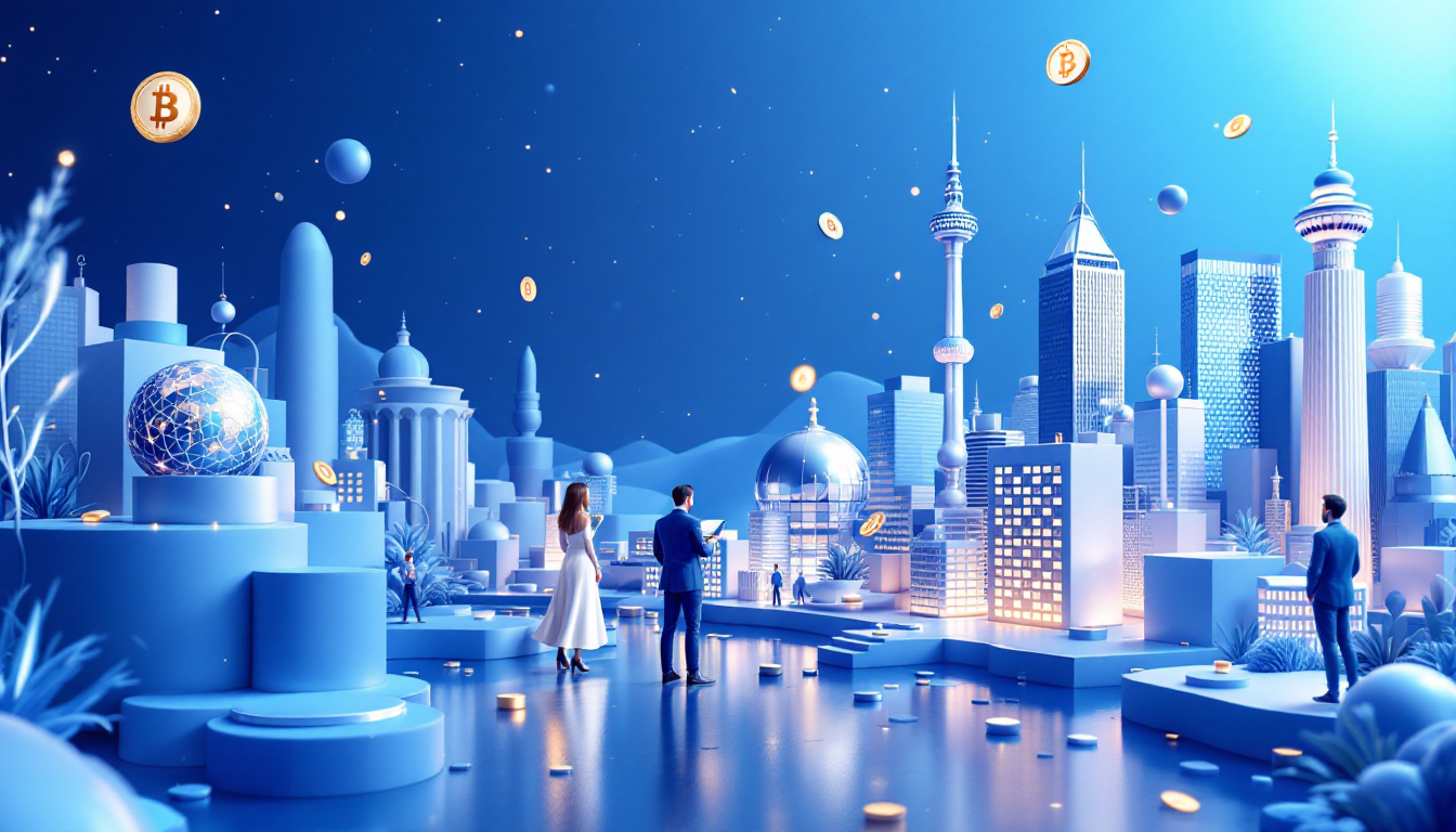 3D illustration depicting Bitcoin trading strategies with a calm mood, set in a futuristic skyline.