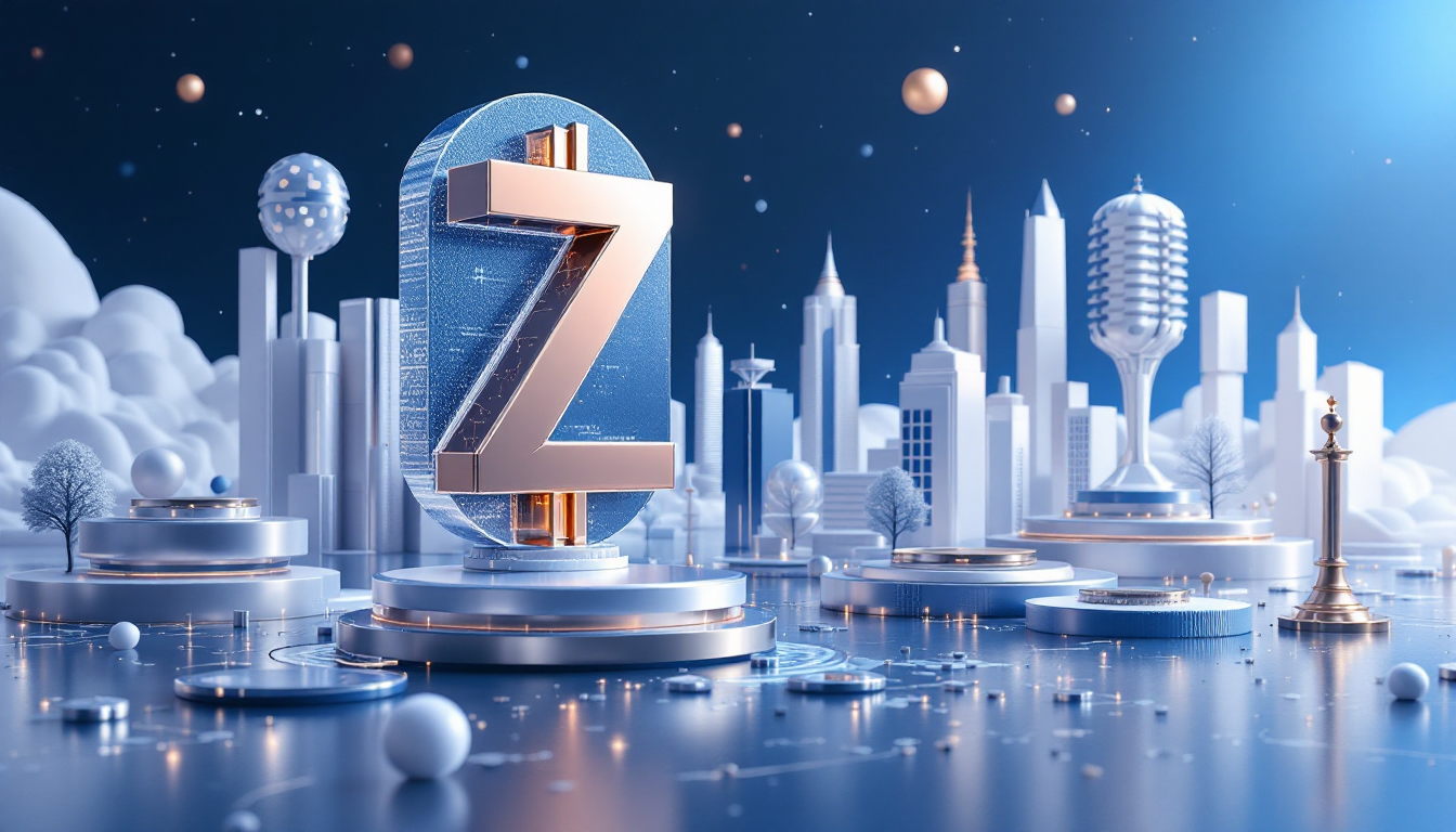 A 3D illustration of Zcash's price increase, featuring a calm urban skyline with soft lighting.