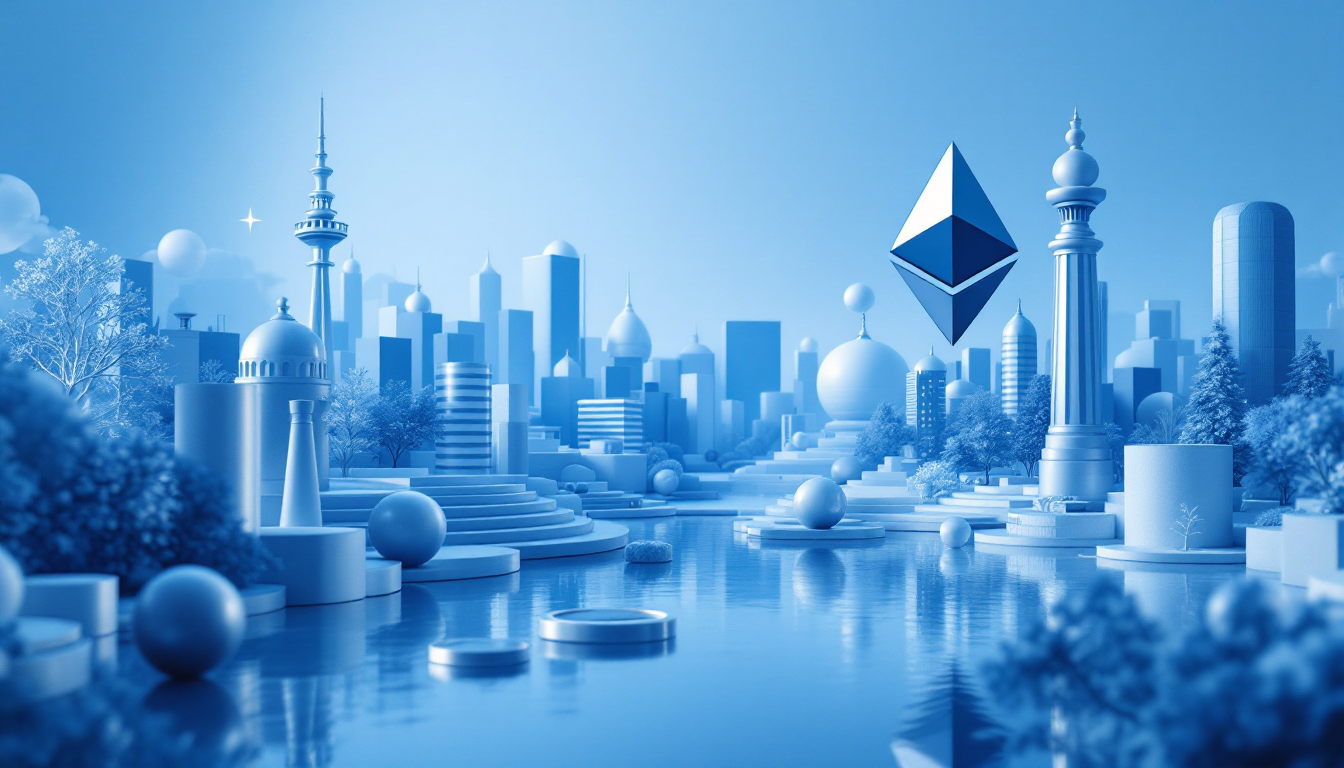 A 3D illustration depicting Ethereum's surge, featuring blue and white gradient with urban skyline.