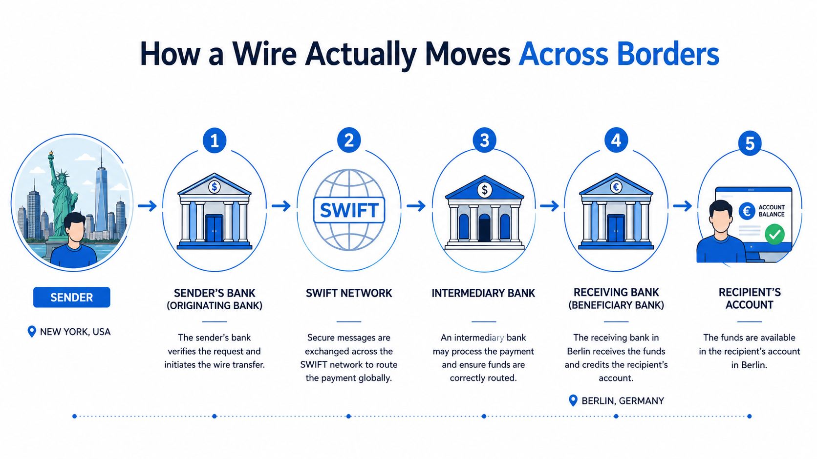 An infographic illustrating the five-step process of an international wire transfer from New York to Berlin.
