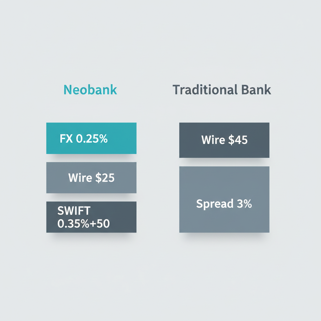 Infographic comparing transparent fee layers of a neobank with opaque spread costs of a traditional bank for a cross-border payment, highlighting a neo banking drawback.