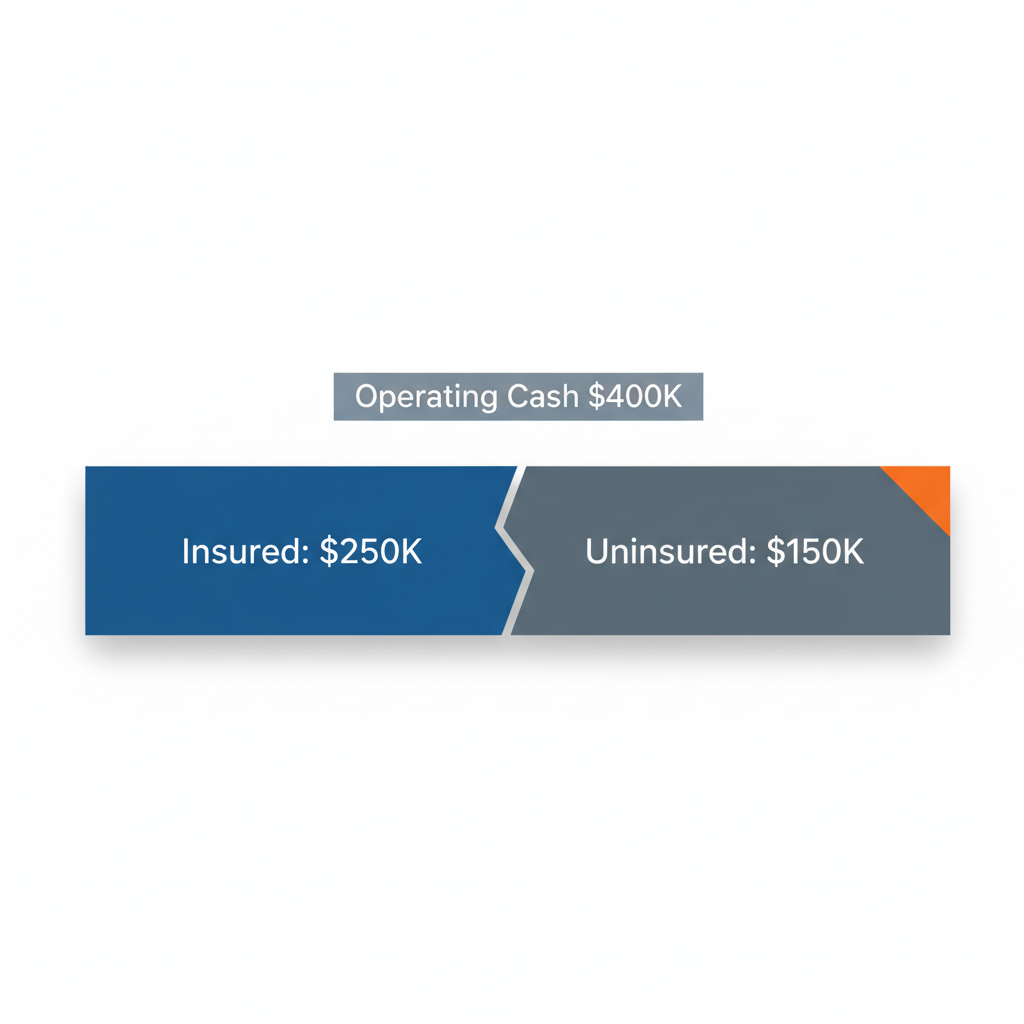 Infographic showing $150,000 of $400,000 operating cash uninsured under FDIC limits, illustrating a neo banking drawback.