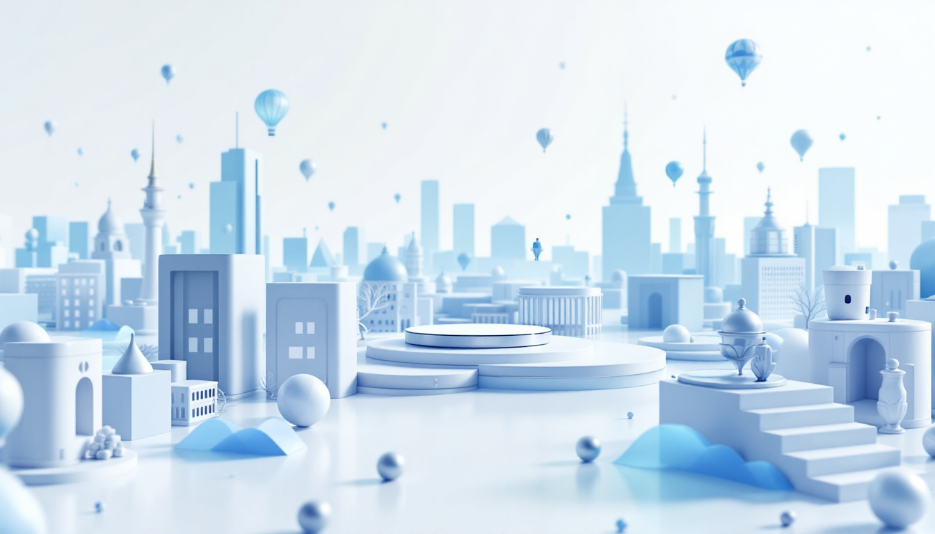 A 3D illustration of WhiteBIT Coin in a futuristic city, showcasing finance and crypto themes.