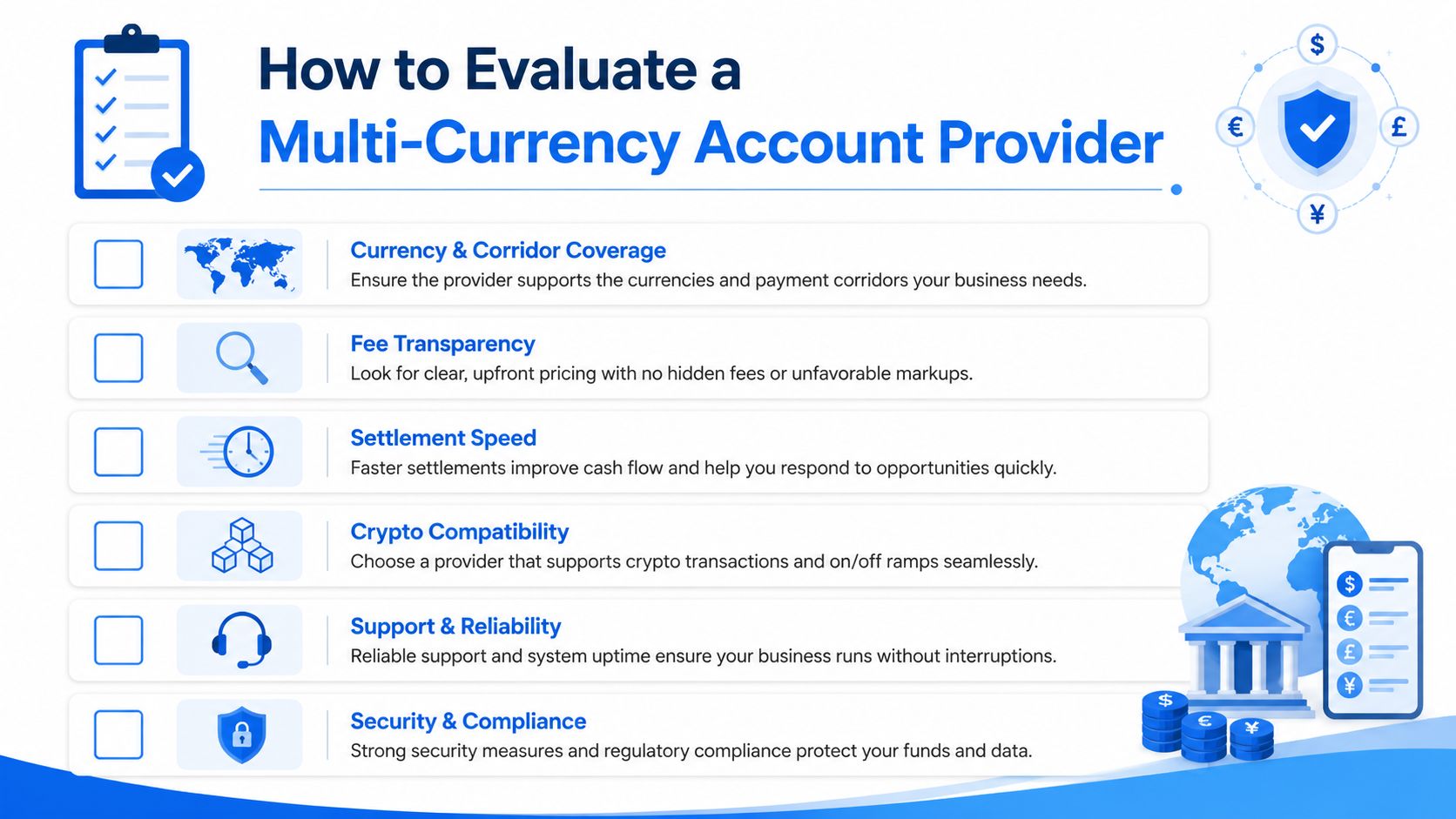 An infographic checklist for evaluating multi-currency account providers, highlighting key factors like fees, speed, and security.