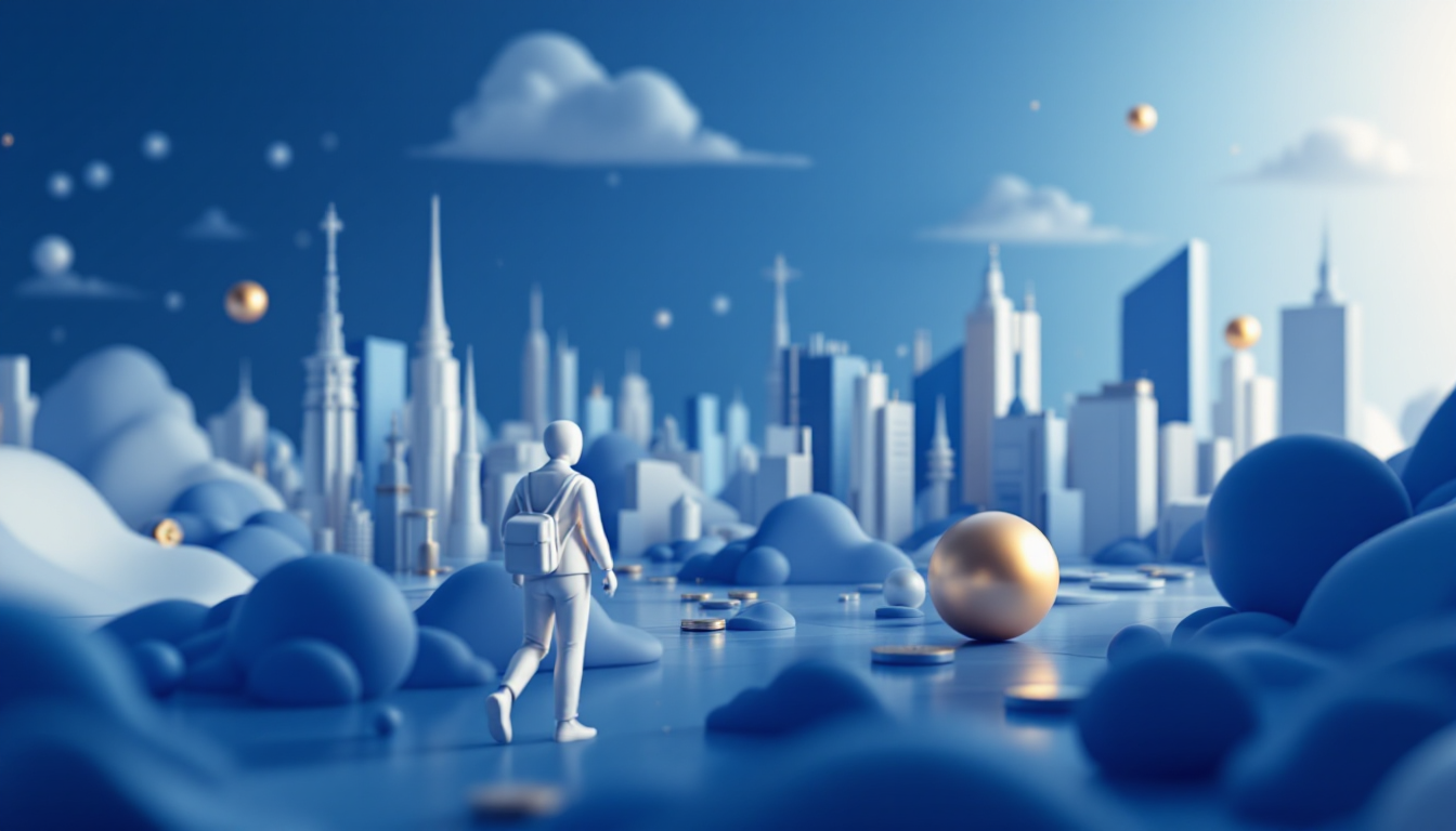 3D illustration of Bitcoin trading dynamics with support levels, set against a blue-white gradient.