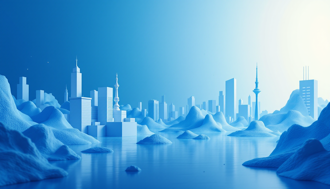 A 3D illustration contrasting Ripple's valuation and XRP's price, featuring symbolic urban elements.