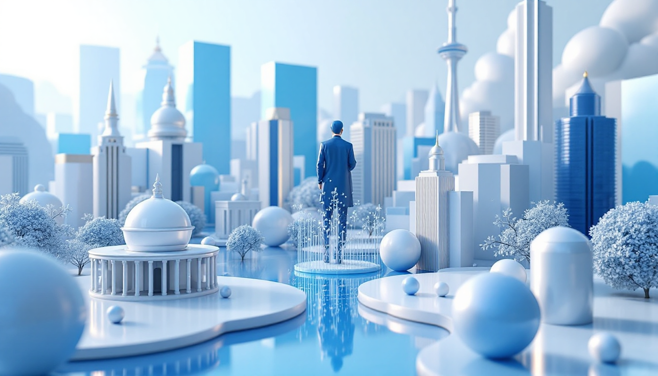 3D illustration of a futuristic urban skyline with blue and white gradient, reflecting XRP's growth.