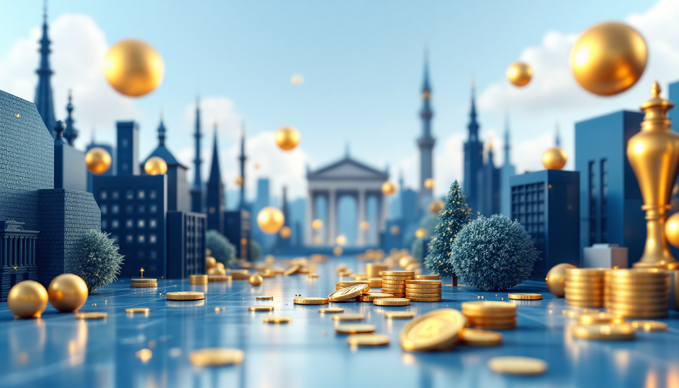A 3D illustration featuring Bitcoin and gold with a blue-white gradient skyline, embodying calmness.
