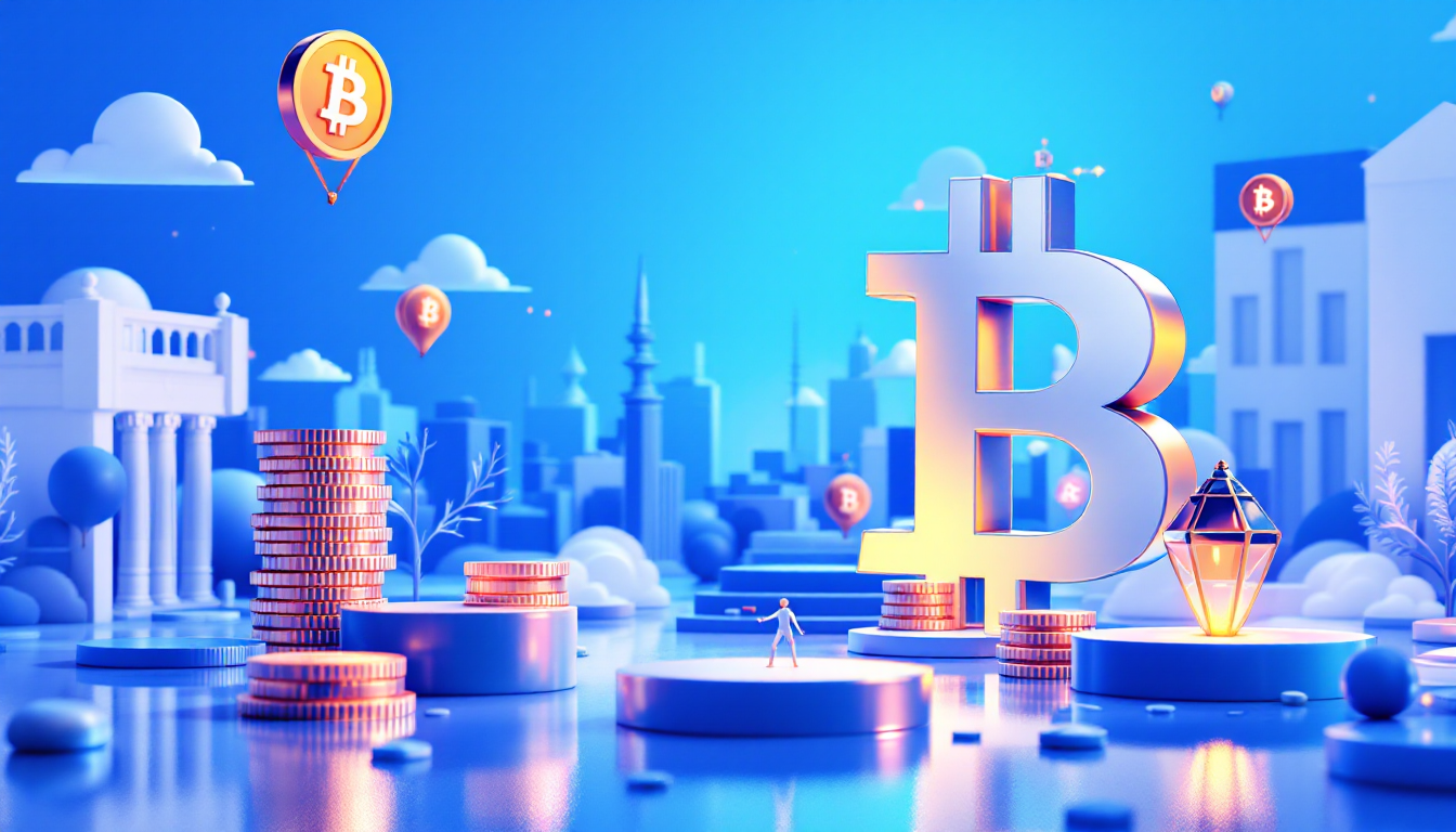 A 3D illustration depicting a calm urban landscape highlighting cryptocurrency investment themes.