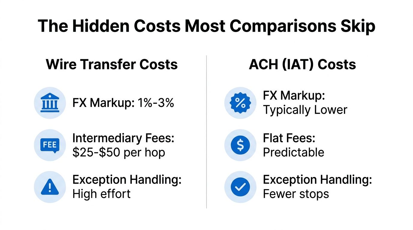 A comparison chart outlining hidden costs for wire transfers versus ACH IAT international payment methods.
