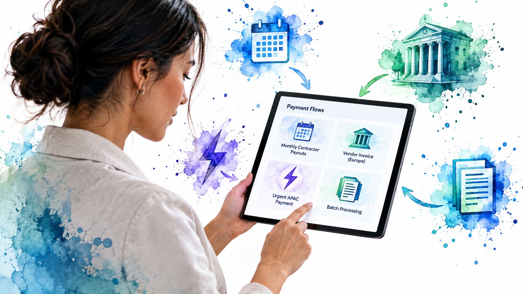 A woman using a tablet to manage various international payment flows and automated financial processing tasks.