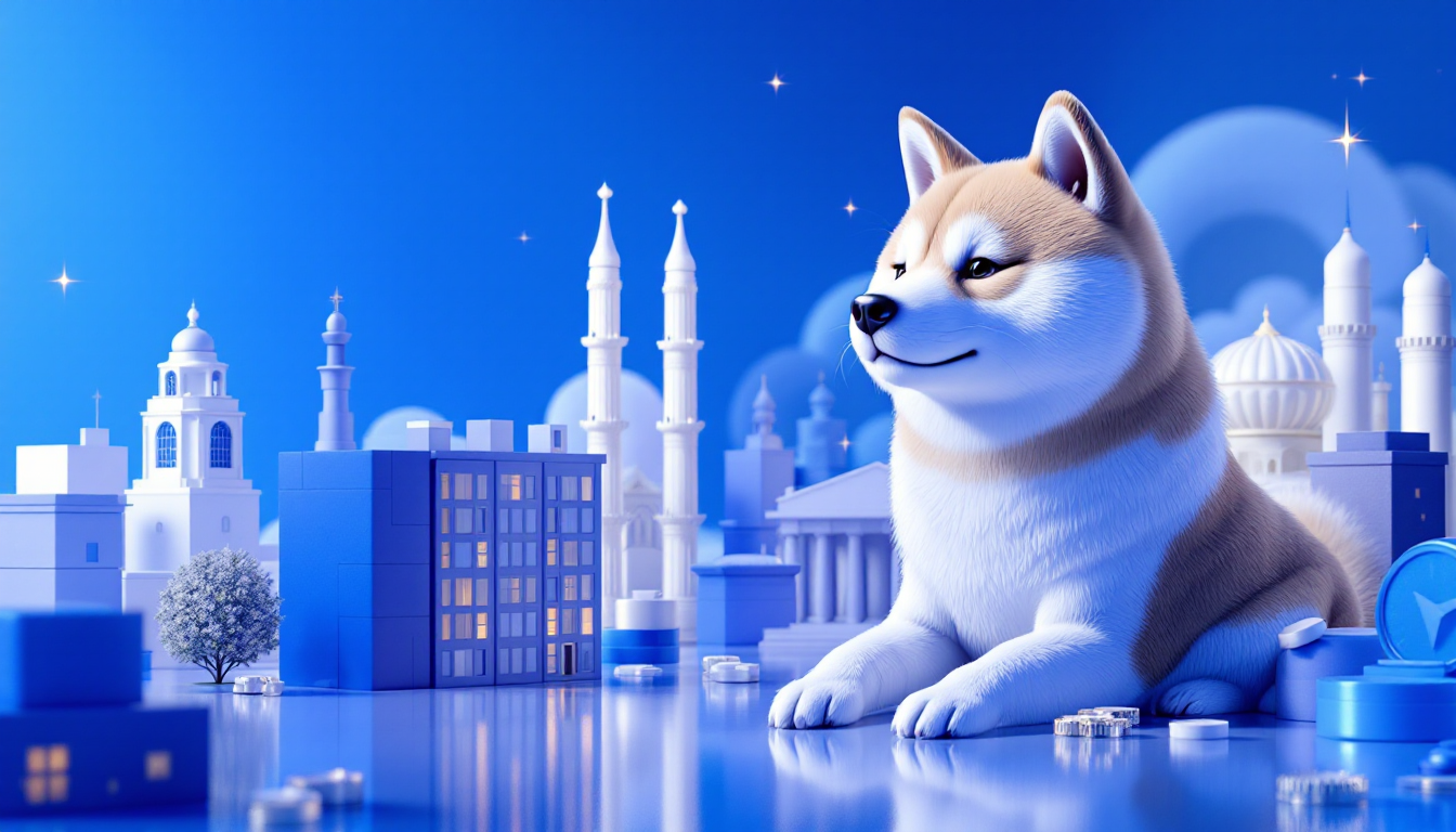 A 3D illustration of a Shiba Inu amidst a declining crypto graph, set in a calm urban backdrop.