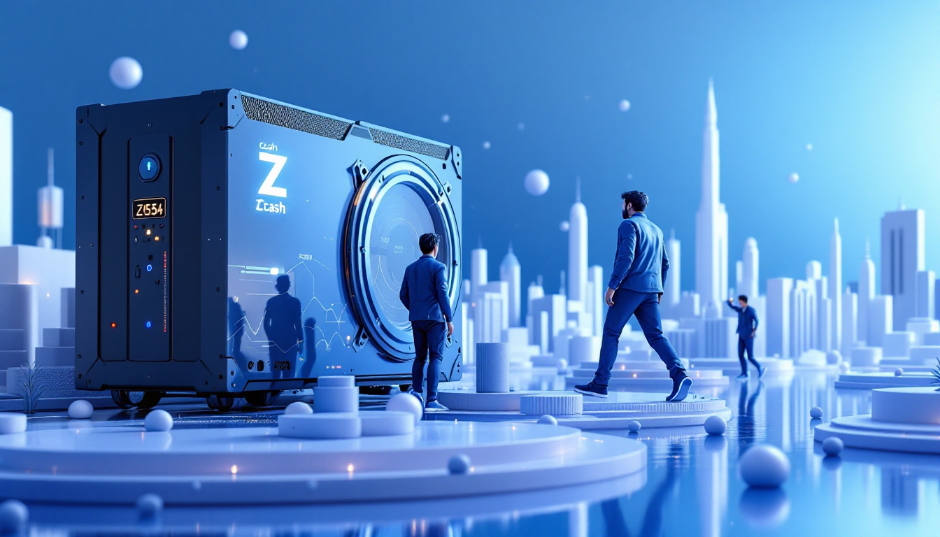 A 3D illustration of Zcash mining reflects crypto's evolution with urban skyline and soft lighting.