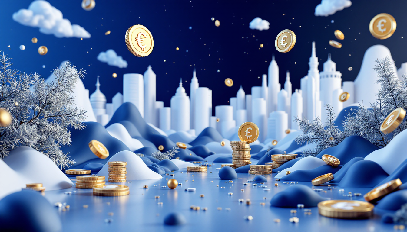 3D illustration depicting Circle's EURC stablecoin at €400M, set against a blue-white skyline.