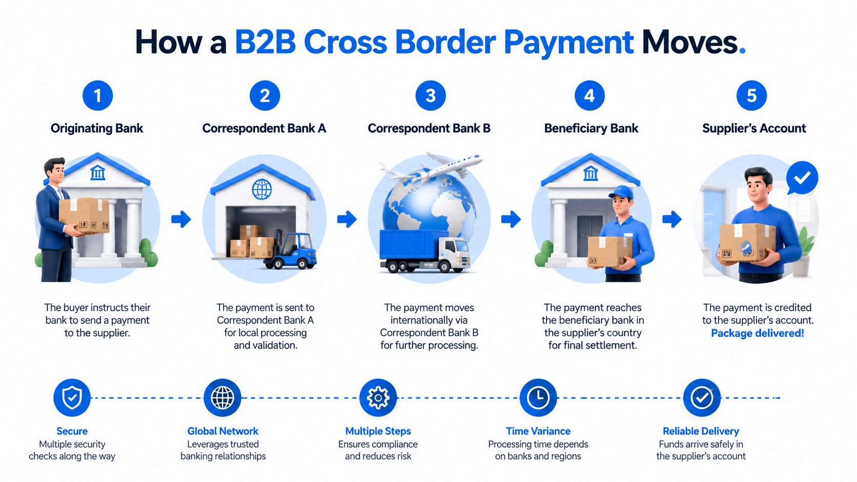 An infographic illustrating the five steps of a B2B cross-border payment process between banks and suppliers.