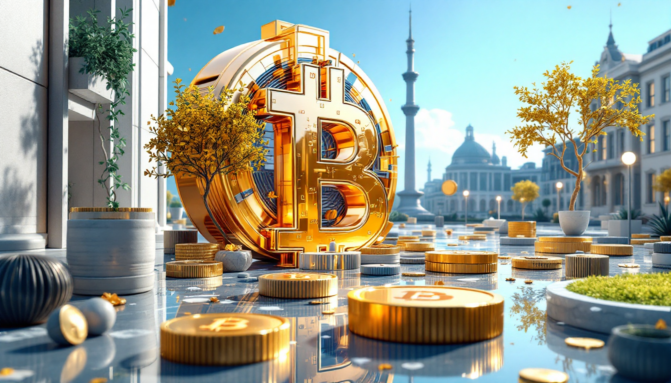 3D illustration of Bitcoin symbolizing market accumulation, sleek urban setting, and calming colors.