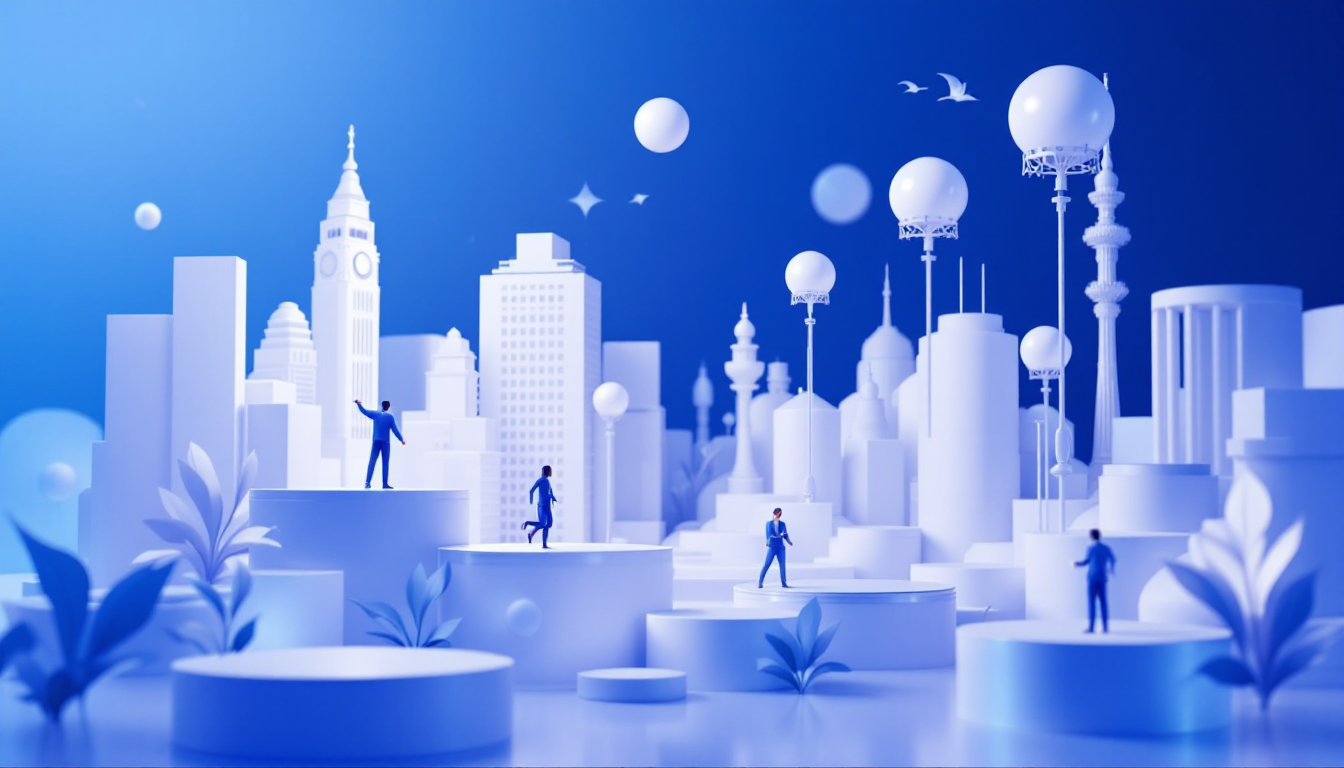 A 3D illustration of Maple Finance in a futuristic cityscape with soft blue and white gradient.