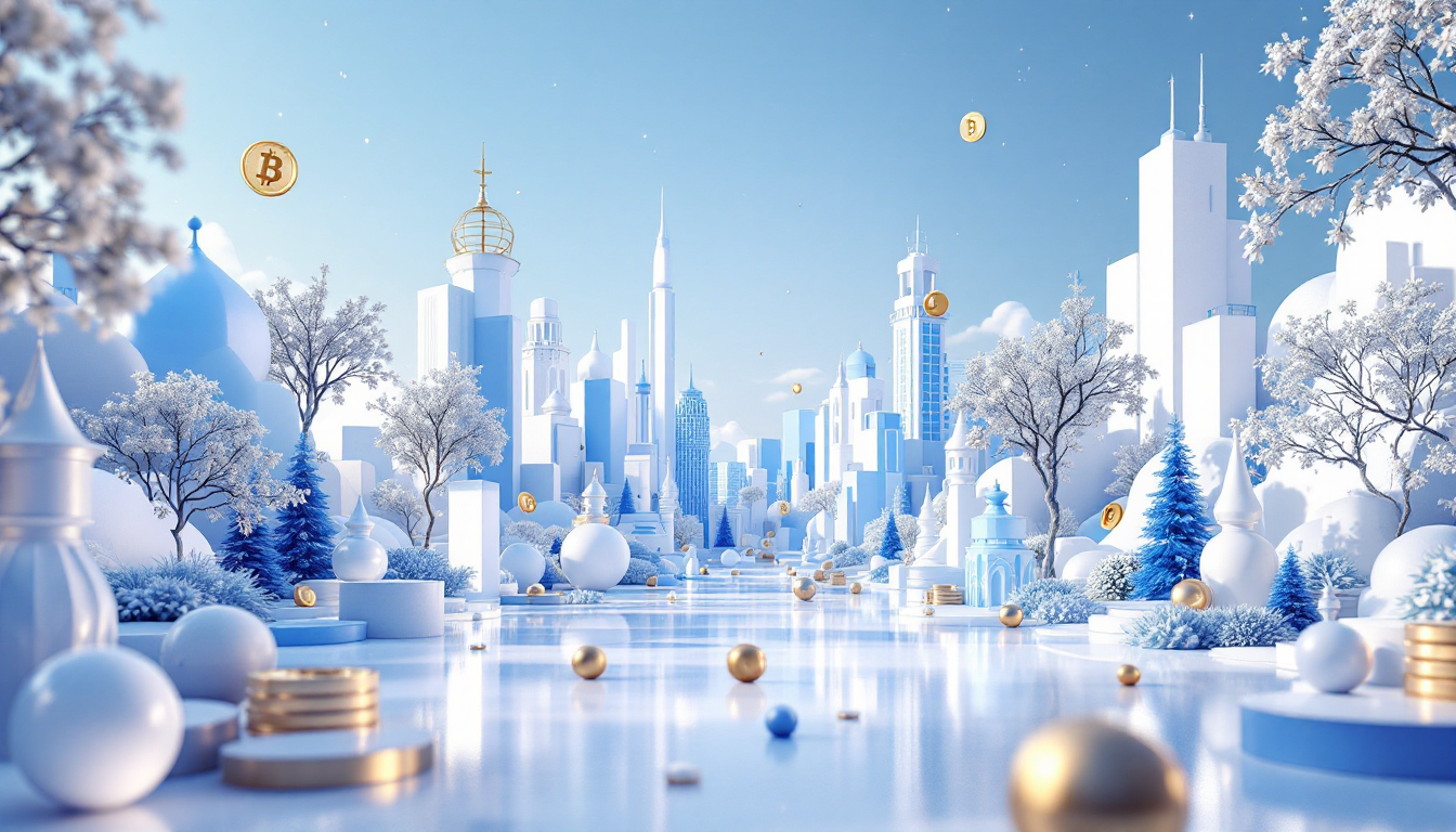3D illustration depicting MSTR stock analysis with blue and white gradient, urban skyline backdrop.