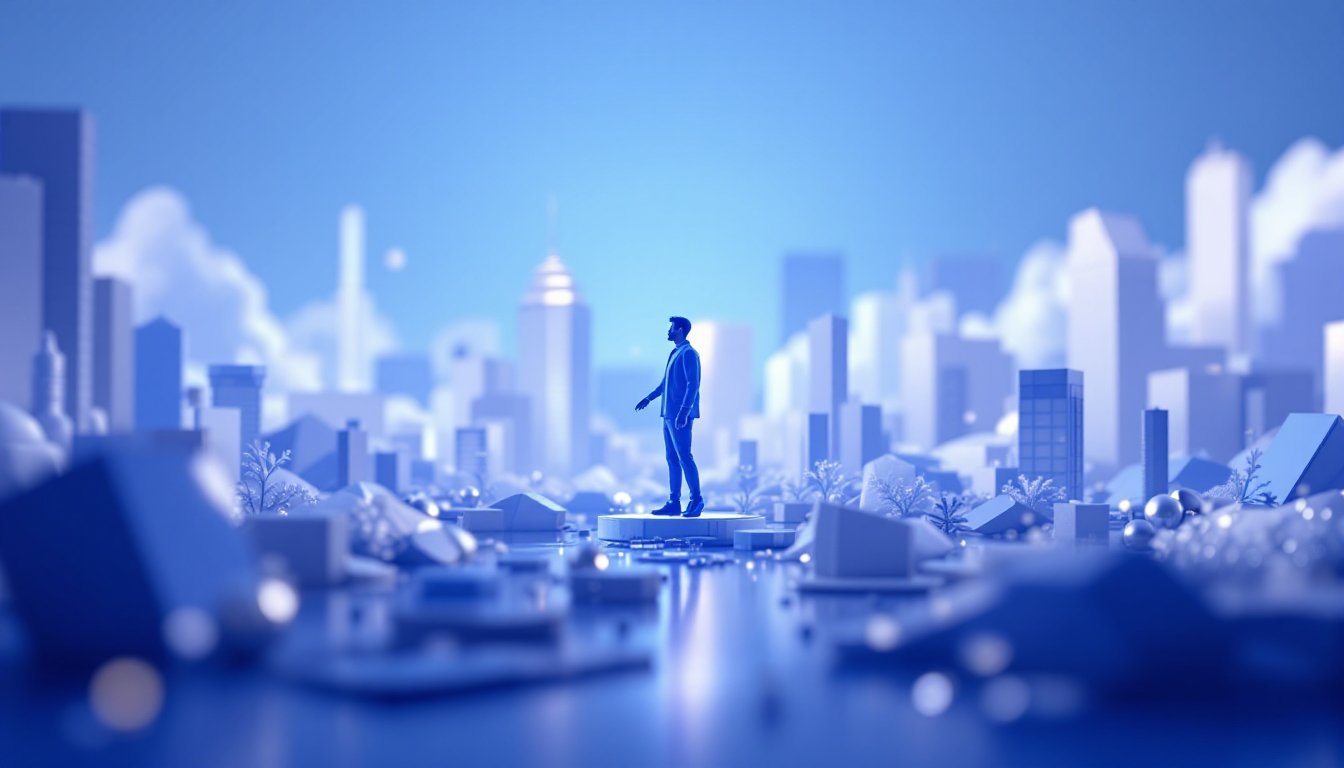 3D illustration of ANSEM token in a calm urban scene, with a blue to white gradient background.