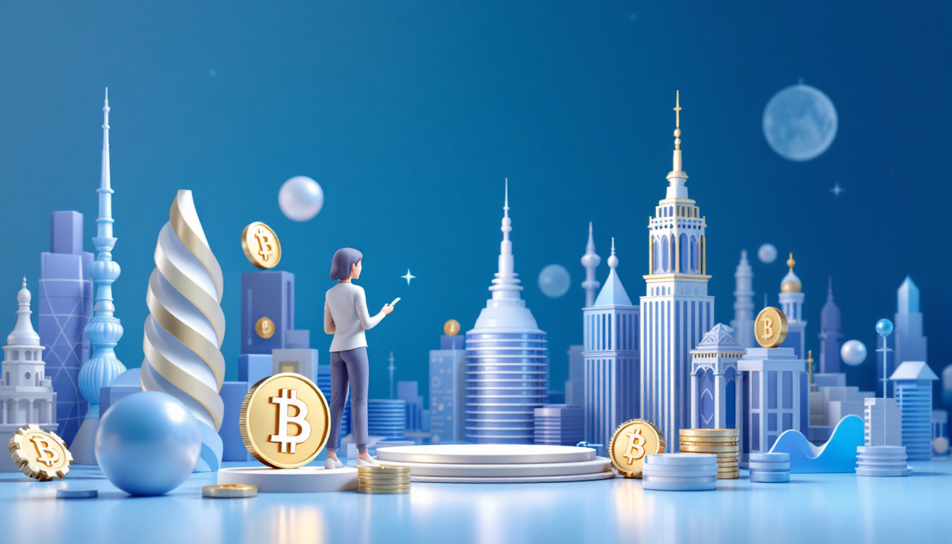 A 3D illustration showcasing XRP's trading surge with a minimalist skyline, blue and white tones.