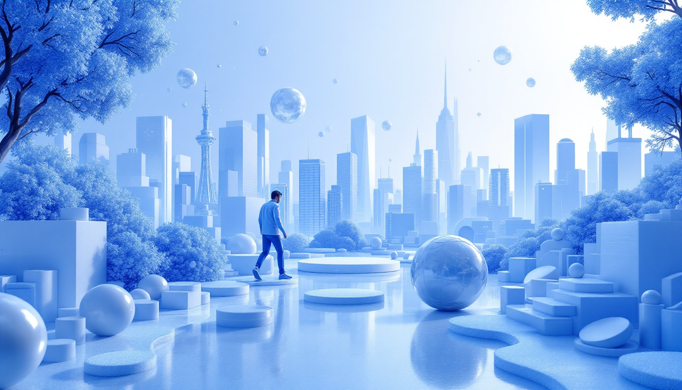 3D illustration of Bitmine Immersion Technologies with blue and white gradient in a futuristic city.