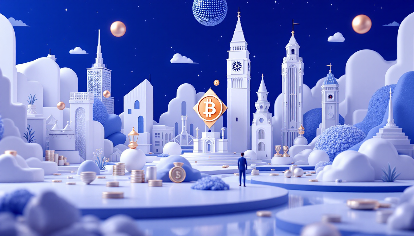A 3D illustration depicting the CFTC's crypto regulatory approach in a futuristic urban setting.